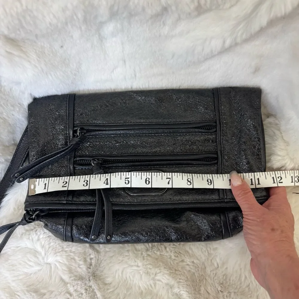 Rafe New York Black Metallic Leather Clutch Wristlet Evening Bag